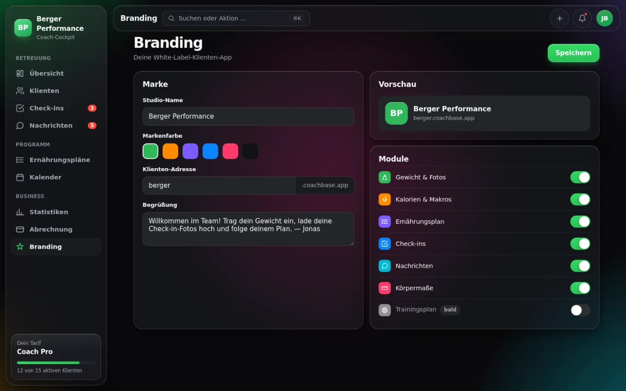 Coach-Cockpit: Branding-Einstellungen für die White-Label Klienten-App