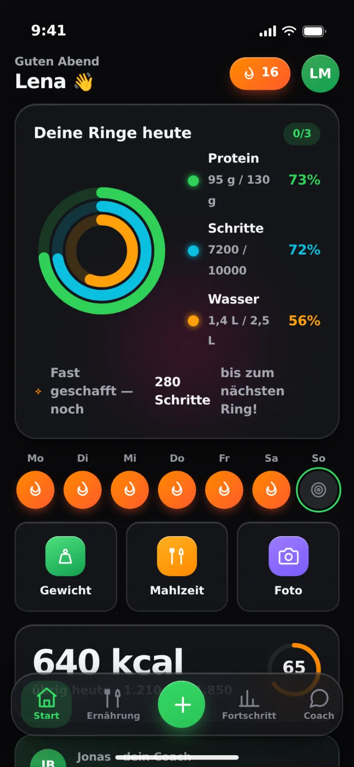 Klienten-App: Startseite mit drei Tagesringen und Streak-Anzeige