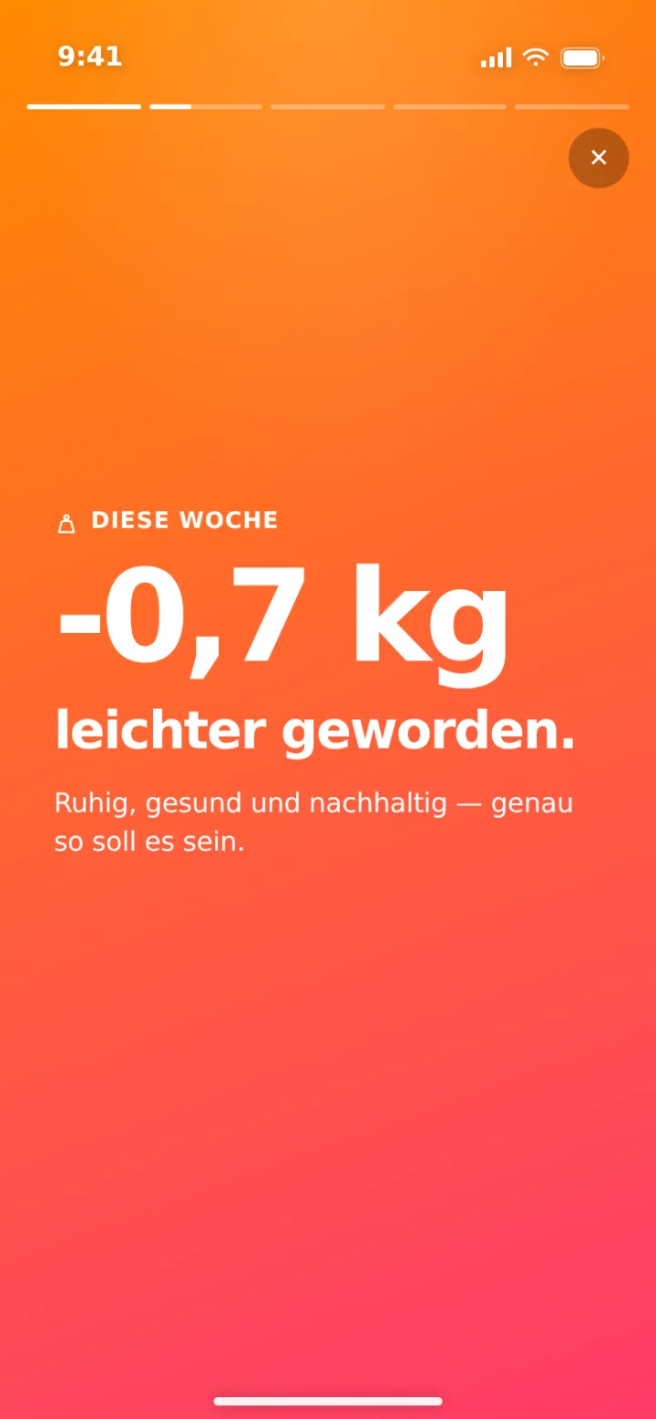 Klienten-App: Wochen-Rückblick im Story-Format mit großer Kennzahl