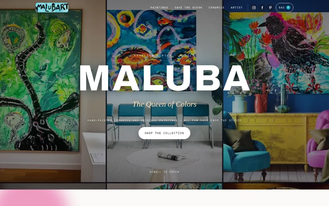 Design des Online-Shops von MalubART mit abstrakter Malerei und handbemalter Keramik