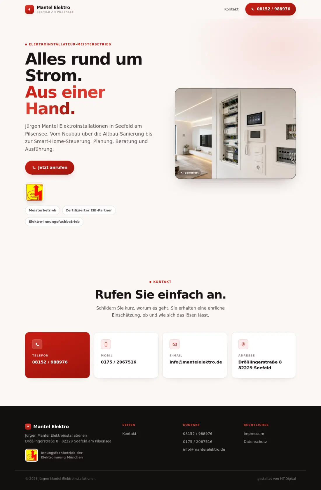 Die Website von Mantel Elektro, Elektroinstallateur-Meisterbetrieb in Seefeld am Pilsensee, von oben bis unten