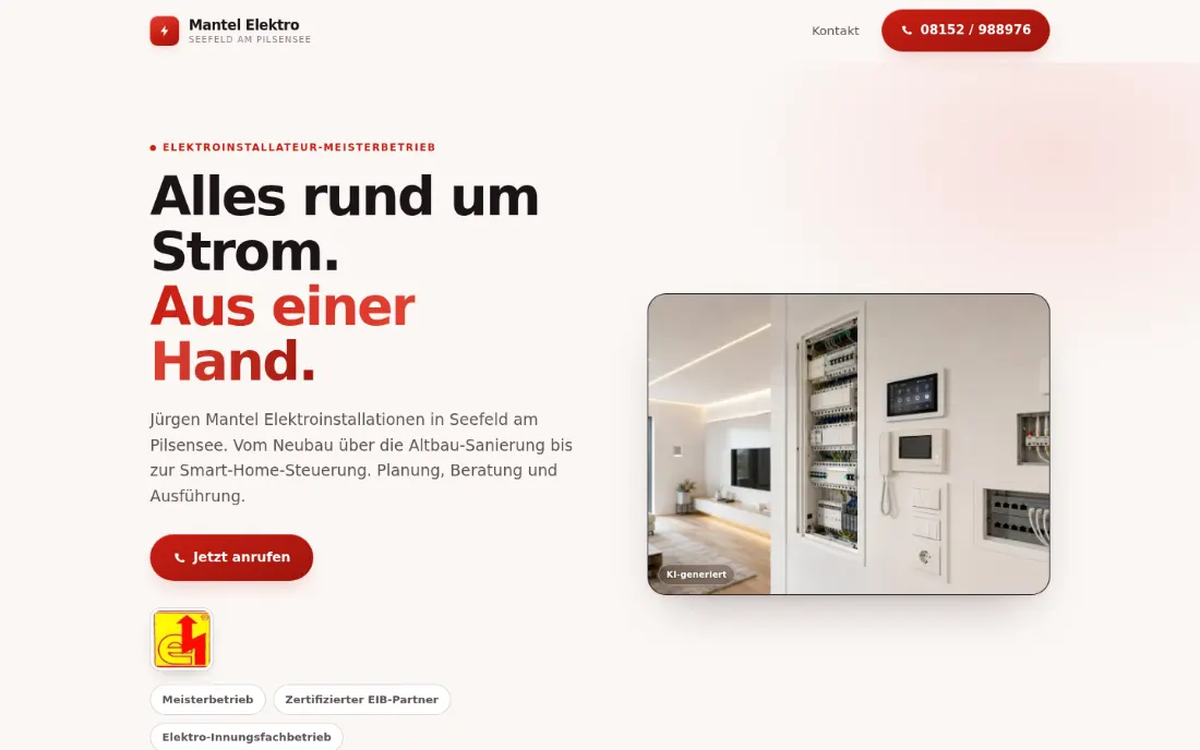 Startseite der Website von Mantel Elektro, Elektroinstallateur-Meisterbetrieb in Seefeld am Pilsensee